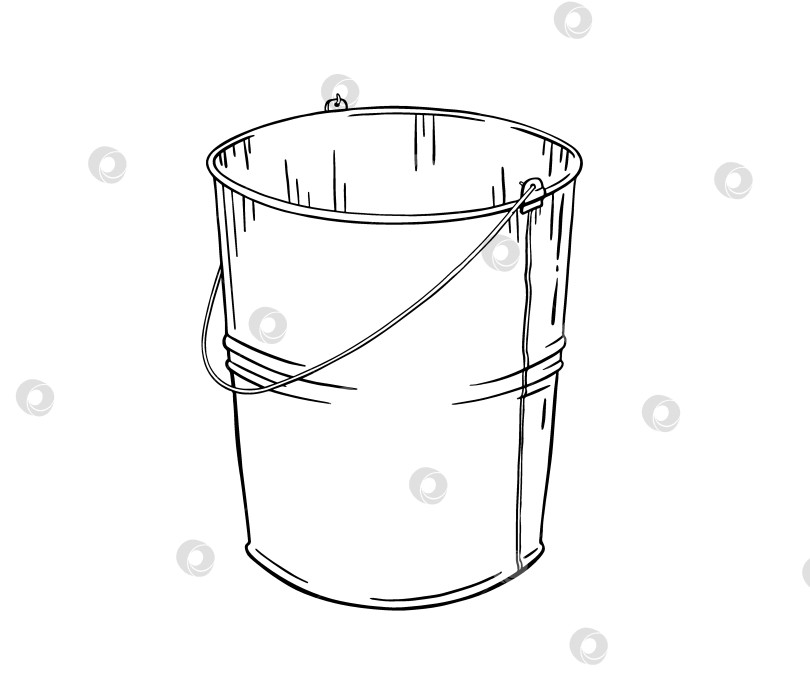 Скачать Металлическое ведро ручной работы в деревенском винтажном стиле. Черно-белая иллюстрация тушью. Классический фермерский аксессуар для переноски воды, молока или сбора урожая. Простой деревенский предмет с деревенским характером. фотосток Ozero