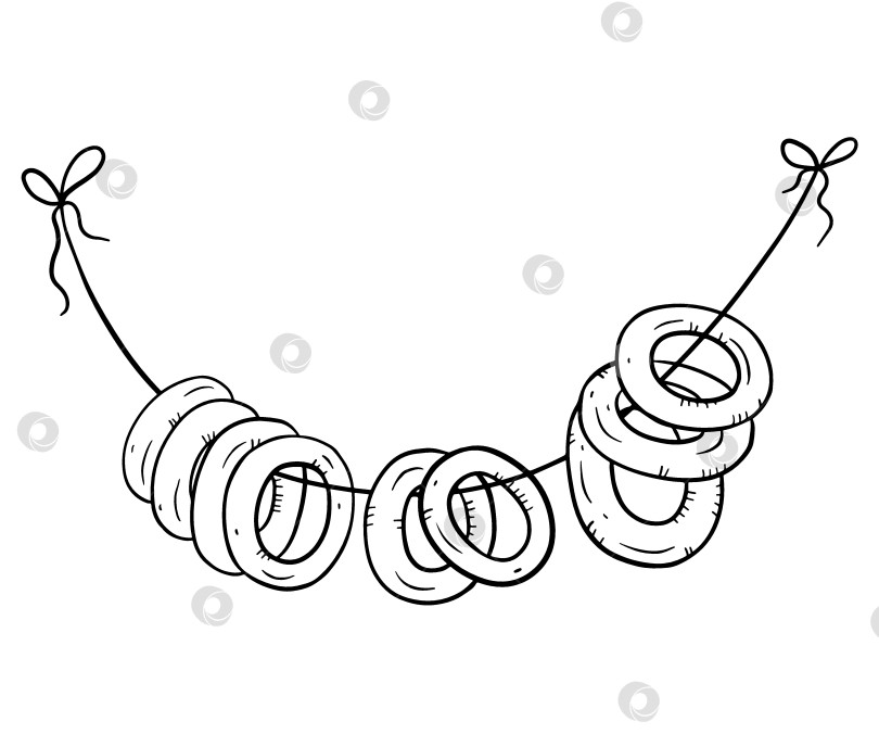 Скачать Традиционные рогалики, подвешенные на веревочке, в деревенском стиле, нарисованные от руки. Культурный рисунок пекарни подходит для упаковки продуктов, брендирования кафе, оформления фольклорных фестивалей, кулинарных иллюстраций. фотосток Ozero