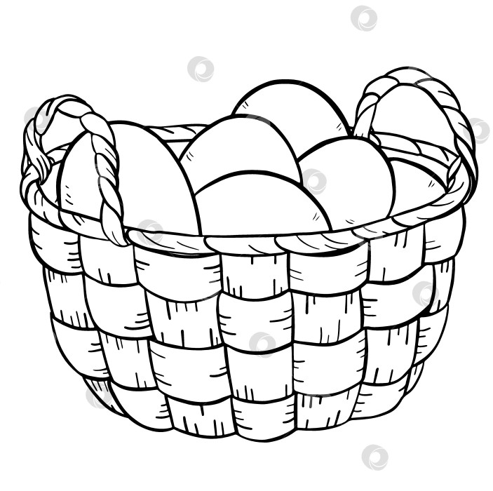 Скачать Плетеная корзина, наполненная яйцами, нарисованная вручную в классическом деревенском стиле. Подходит для пасхальных иллюстраций, оформления фермерских рынков, упаковки органических продуктов питания, неспешной жизни или сельской тематики. фотосток Ozero