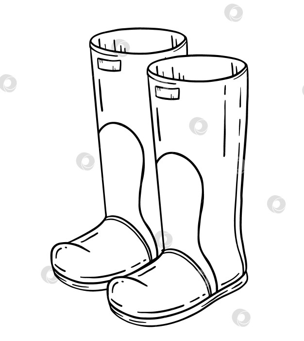 Скачать Винтажная, нарисованная от руки тушью иллюстрация резиновых сапог фермера для садоводства или загородного образа жизни. Деревенская обувь в деревенском стиле для сельского хозяйства, осенних работ на ферме, концепции дождливой погоды. фотосток Ozero