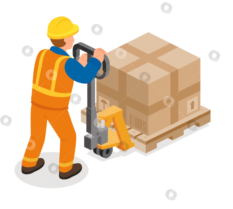 Скачать Изометрический рабочий в оранжевой униформе перевозит штабелированные большие коробки на тележке для поддонов. Концепция логистики, склада и транспортировки грузов. фотосток Ozero