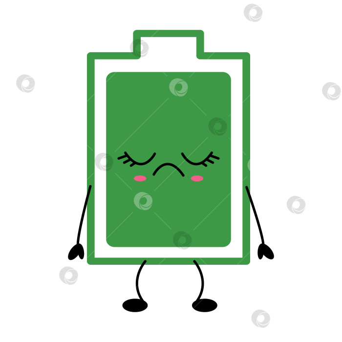 Скачать Грустная батарейка, кавайный персонаж, низкоэнергетический зеленый мультфильм фотосток Ozero