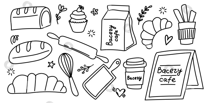 Скачать Рисованный набор для выпечки bakery cafe doodle с хлебом круассаном и кофейной чашкой фотосток Ozero