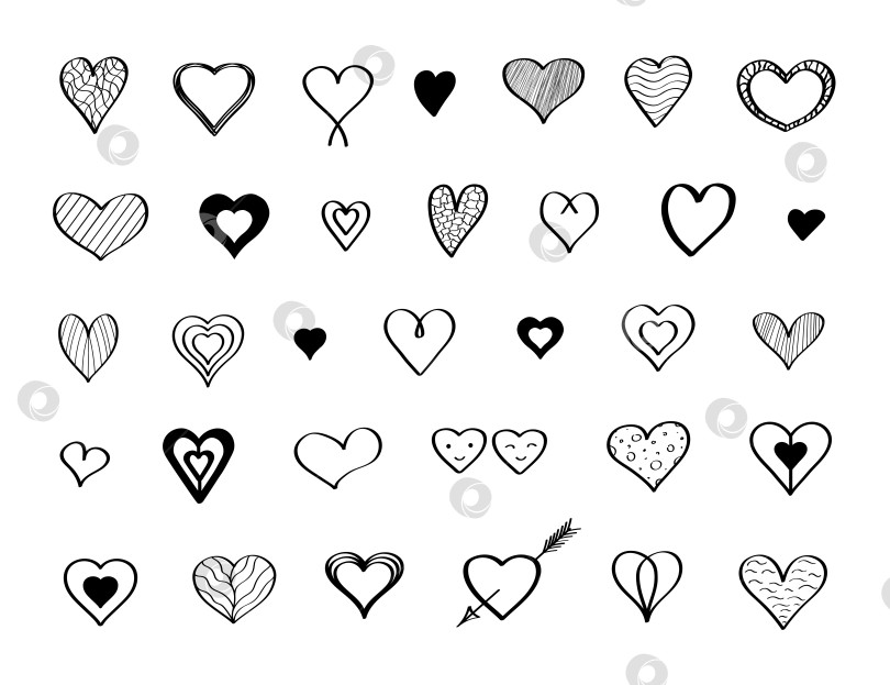 Скачать Значок сердца в стиле каракулей. Векторная иллюстрация в виде нарисованных от руки сердечек. Изолированные на белом фоне. фотосток Ozero
