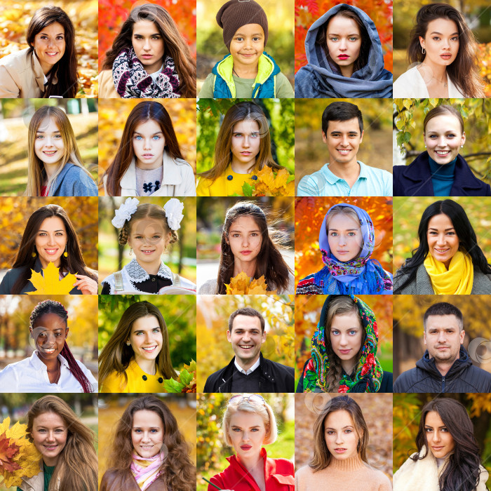 Скачать Коллаж из портретов реальных людей - золотая осень фотосток Ozero
