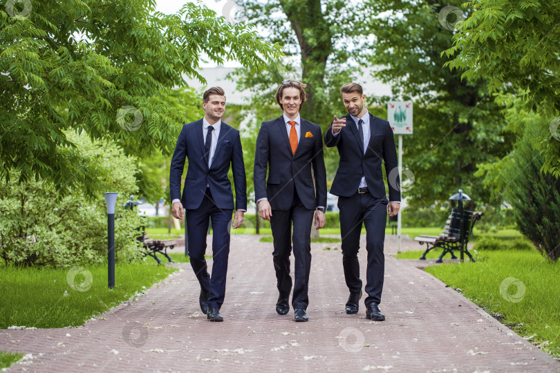 Скачать Трое молодых людей в элегантных деловых костюмах фотосток Ozero