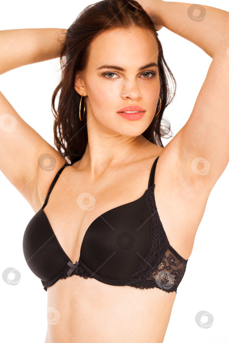 Скачать Молодая сексуальная брюнетка в черном лифчике фотосток Ozero