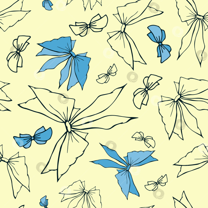 Скачать Милые романтичные бантики с бесшовным рисунком. Красивые плоские бантики с абстрактной бесконечной текстурой для ткани, текстиля, косметики, упаковки, канцелярских принадлежностей, оберточной бумаги, фона. Веселый праздничный дизайн в стиле каракулей. фотосток Ozero