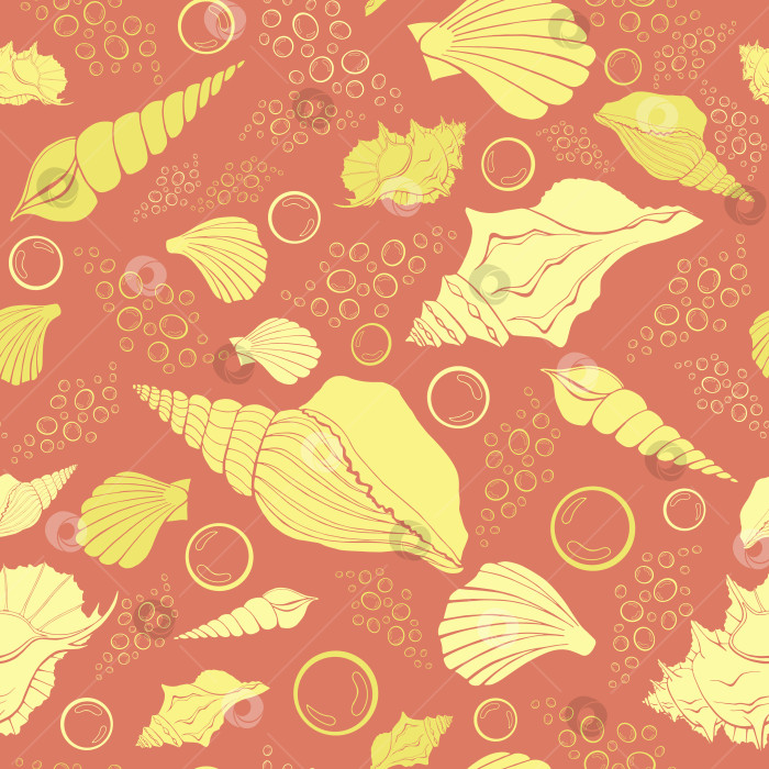 Скачать Современные плоские контуры морских раковин, бесшовные узоры в виде пузырьков для тканей, текстиля, одежды, интерьера, канцелярских принадлежностей, оберточной бумаги, скрапбукинга. Модная морская бесконечная текстура. Экзотические контуры океанских раковин. фотосток Ozero