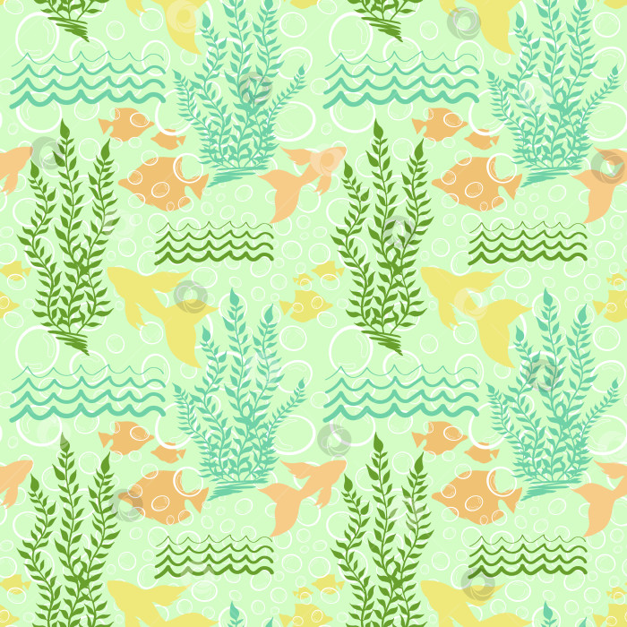 Скачать Бесшовный узор в виде силуэтов тропических рыб, морских водорослей и волн. Дизайн поверхности с экзотическими обитателями океана. Бесконечная морская текстура. Безграничный фон с подводной фауной. Редактируемая плитка с морскими обитателями. фотосток Ozero