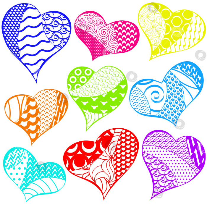 Скачать Коллекция каракулей в виде сердечек в стиле Дзен-арт, выделенных на белом фоне. Праздничный, яркий, разноцветный шаблон. Симпатичный современный набор сердечных форм с различными узорами и орнаментами. фотосток Ozero