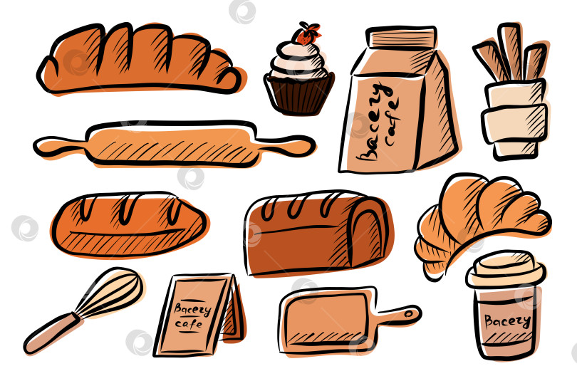 Скачать Цветной набор для выпечки, нарисованный вручную, с хлебом и кондитерскими изделиями фотосток Ozero