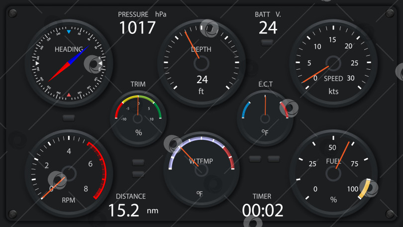 Скачать Морская приборная панель с аналоговыми и цифровыми индикаторами. Панель управления яхтой, отображающая скорость, обороты в минуту и навигационные данные. фотосток Ozero