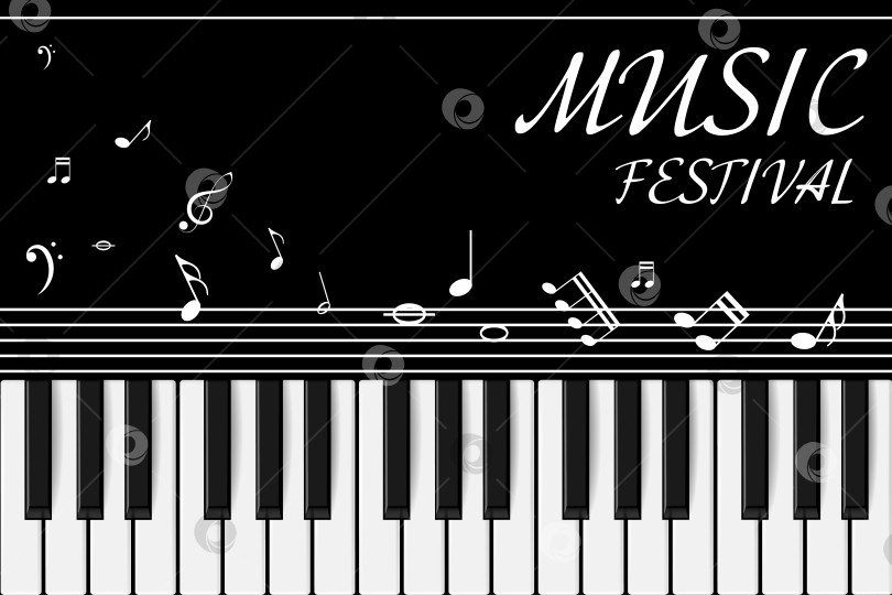 Скачать Афиша музыкального фестиваля с клавишами пианино и нотами. Яркий дизайн для рекламы концертов и художественных мероприятий. фотосток Ozero