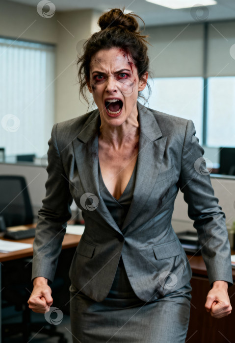 Скачать Женщина в костюме в офисе бурно выражает гнев, царапины, драка фотосток Ozero