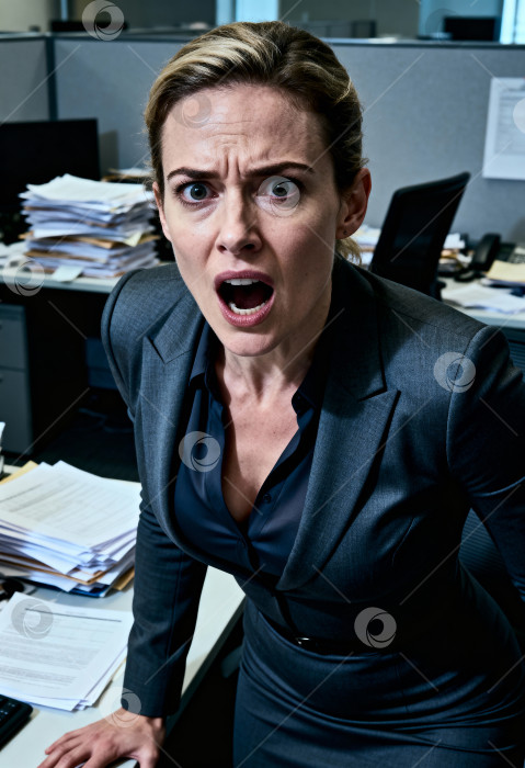 Скачать Женщина в костюме в офисе выражает недовольство, бурные эмоции фотосток Ozero