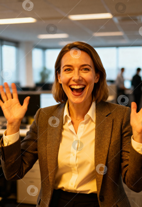 Скачать Женщина эмоционально радуется успеху в офисе фотосток Ozero
