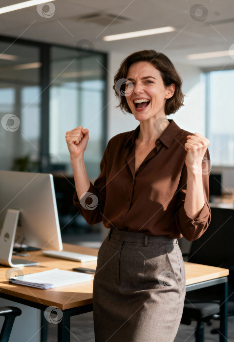 Скачать Ликующая бизнесвумен в лучах солнца в офисе фотосток Ozero