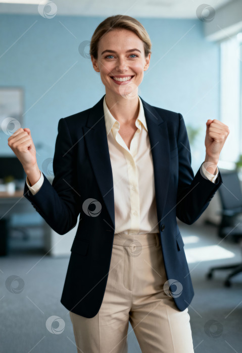 Скачать Женщина, сотрудник компании, радуется своему успеху и держит кулаки вверх как знак победы фотосток Ozero