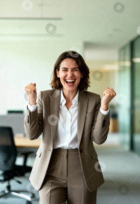 Скачать Ликующая, радостная бизнесвумен в офисе фотосток Ozero