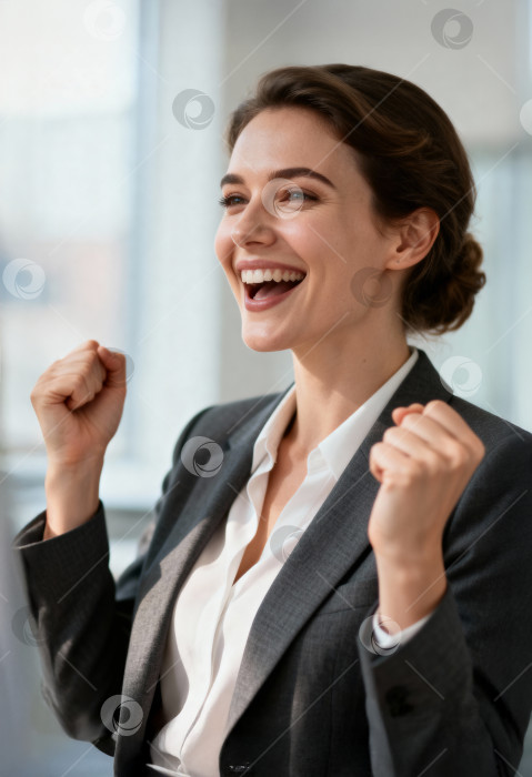 Скачать Женщина, сотрудница офиса, радуется успеху в деловом костюме фотосток Ozero