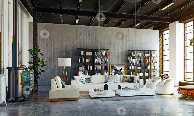 Скачать Современный интерьер гостиной в стиле индустриального лофта. 3d-рендеринг просторной квартиры с бетонными стенами фотосток Ozero