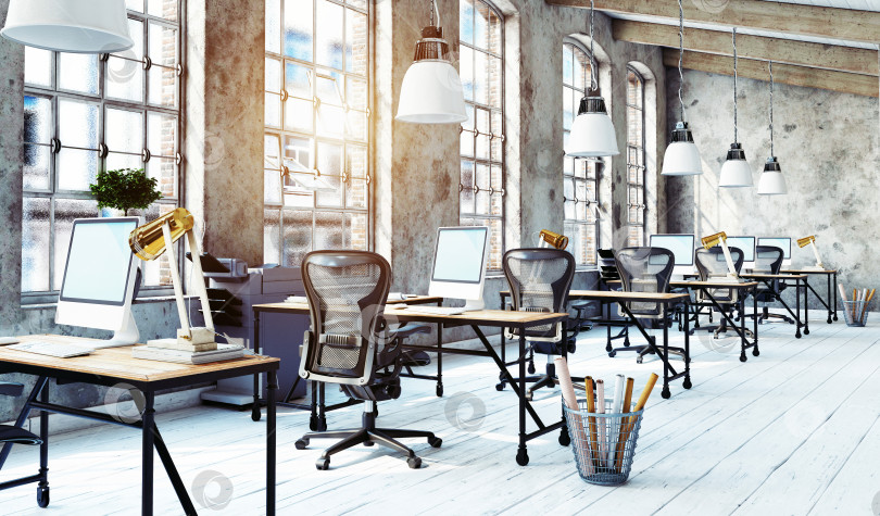 Скачать 3d-рендеринг современного промышленного офиса. Пустое рабочее пространство в мансарде со столами, залитыми ярким солнечным светом фотосток Ozero