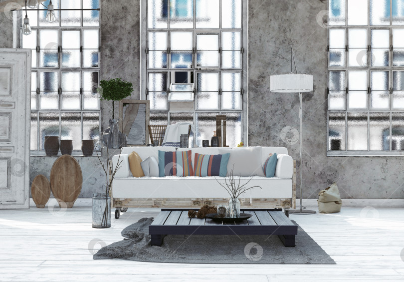Скачать Гостиная в стиле индустриального лофта с диваном из поддонов и бетонными стенами. 3d-рендеринг современного интерьера фотосток Ozero
