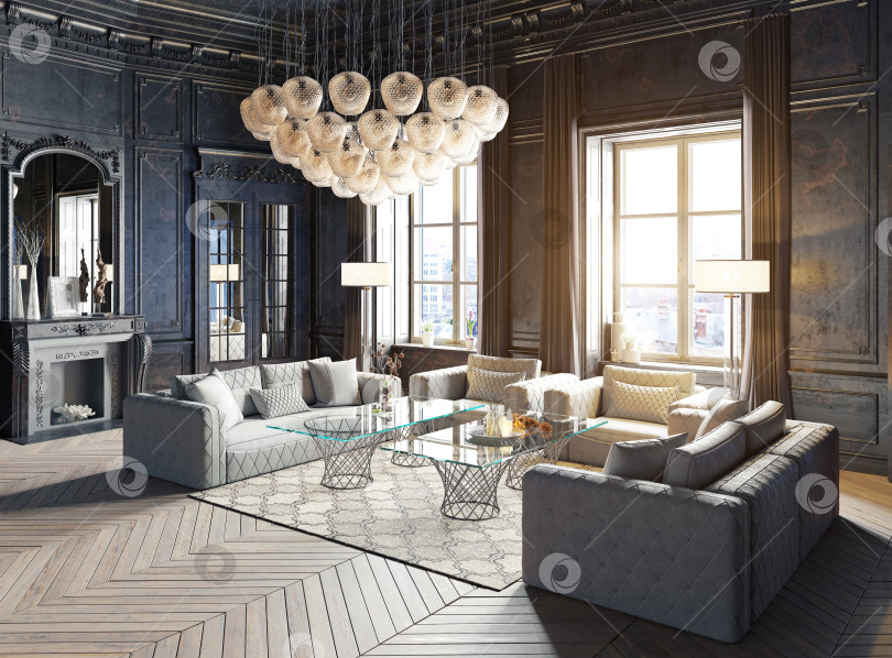 Скачать Роскошная гостиная с классическими темными стенами и современной мебелью. 3d-визуализация роскошного интерьера фотосток Ozero