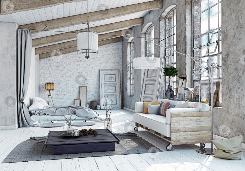 Скачать Интерьер квартиры в стиле индустриального лофта. Современный дизайн гостиной в деревенском стиле. 3d рендеринг фотосток Ozero