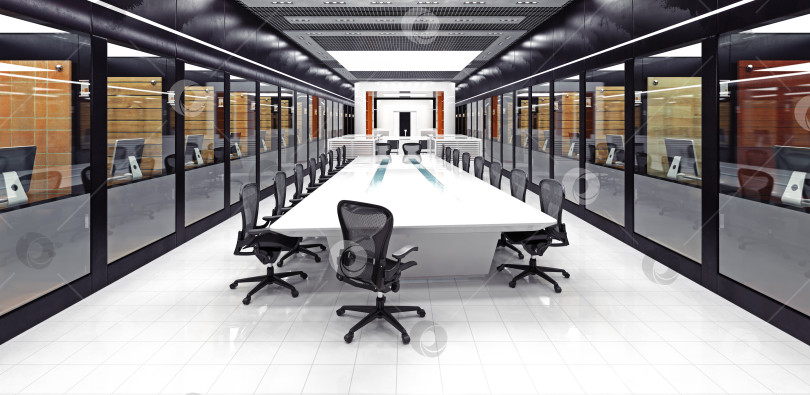 Скачать 3d-рендеринг современного конференц-зала. Интерьер корпоративного офиса с длинным белым столом и стульями фотосток Ozero