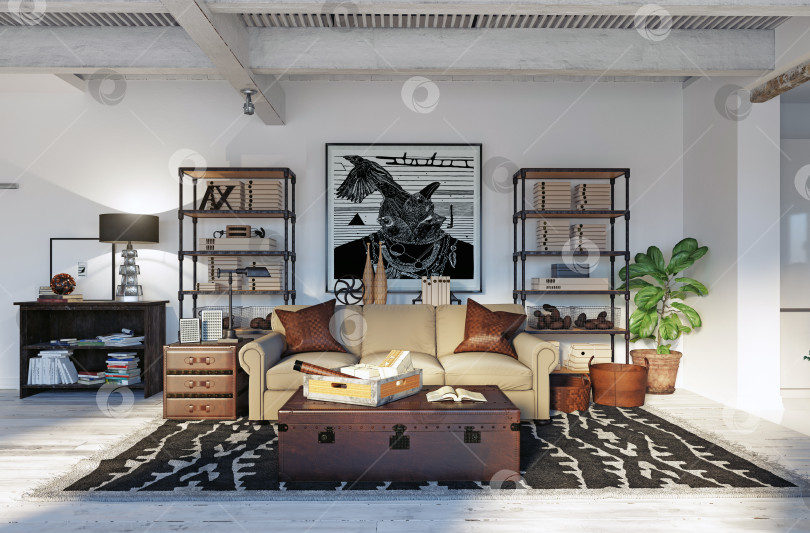 Скачать Эклектичная гостиная с индустриальной мебелью и произведениями современного искусства. 3d-визуализация стильного домашнего интерьера фотосток Ozero