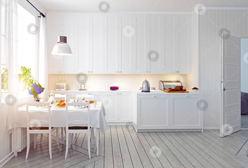 Скачать Современная белая кухня и столовая в скандинавском стиле. 3d-визуализация домашнего интерьера фотосток Ozero