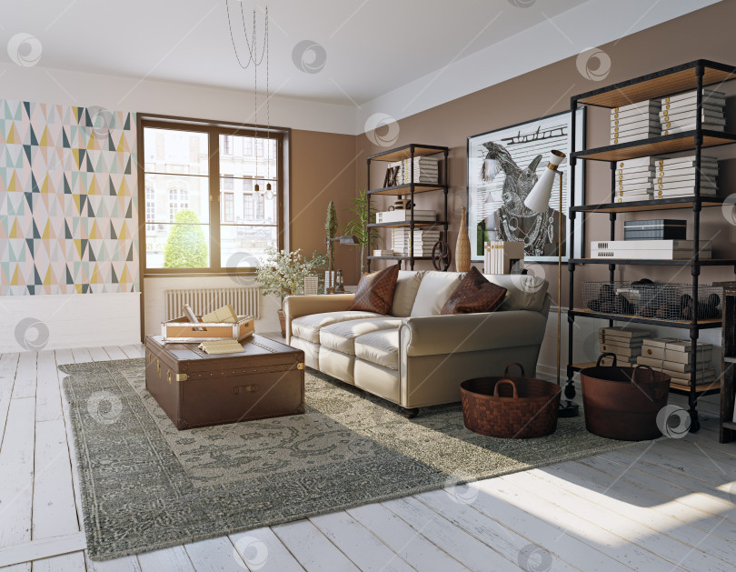 Скачать Залитая солнцем эклектичная гостиная с современной мебелью. 3d-визуализация концепции стильного домашнего декора фотосток Ozero