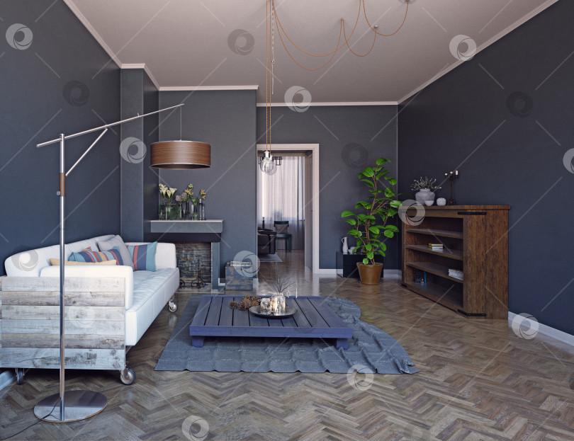 Скачать 3d-визуализация современного интерьера гостиной. Стильный домашний декор с серыми стенами и паркетным полом фотосток Ozero