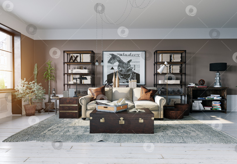 Скачать Эклектичная гостиная с индустриальной мебелью и произведениями современного искусства. 3d-визуализация стильного домашнего интерьера фотосток Ozero
