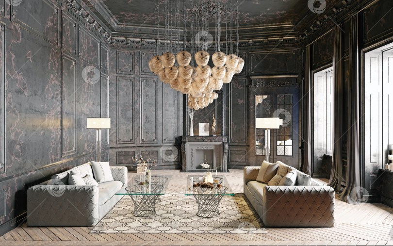 Скачать 3d-рендеринг роскошной классической гостиной с темными стенами и современной мебелью. Роскошный интерьер фотосток Ozero