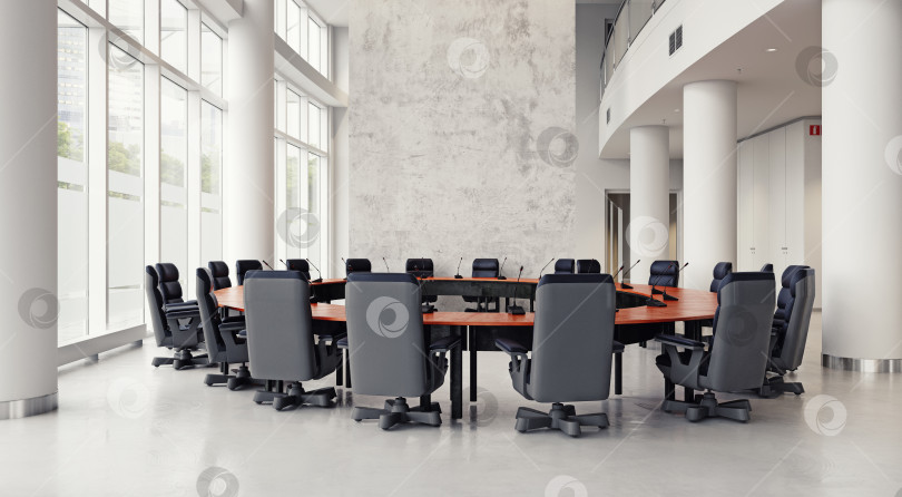 Скачать Современный пустой конференц-зал с большим круглым столом. 3d-рендеринг интерьера корпоративного зала заседаний фотосток Ozero