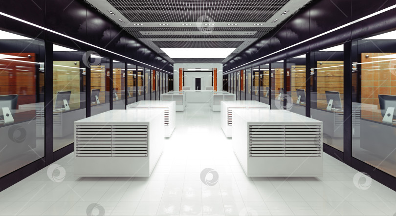 Скачать 3d-визуализация современного и футуристического офисного интерьера. Симметричный коридор с минималистским дизайном фотосток Ozero