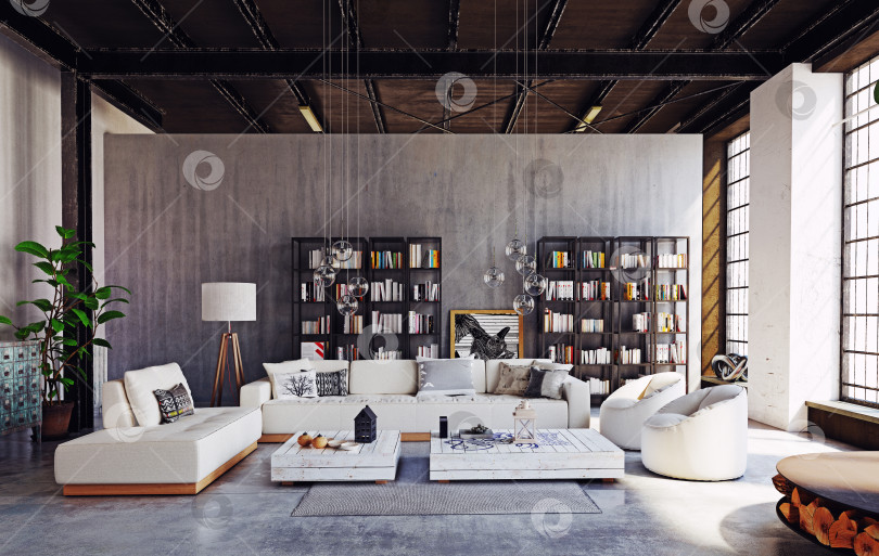 Скачать 3d-рендеринг современной гостиной в стиле индустриального лофта. Дизайн интерьера с белым диваном и бетонными стенами фотосток Ozero