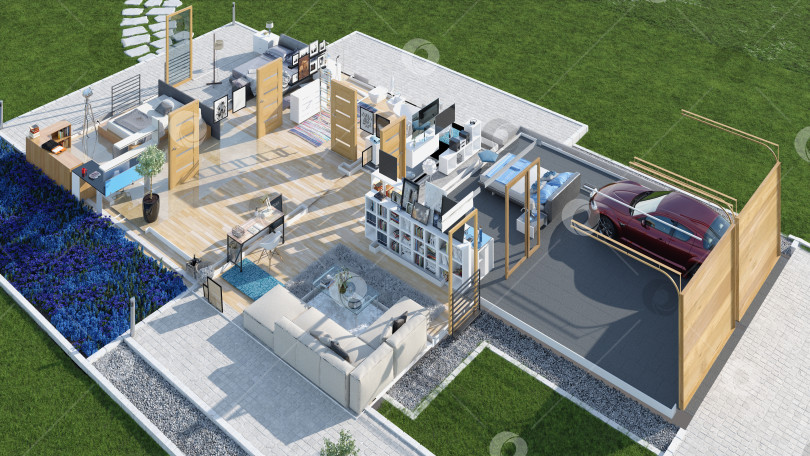 Скачать 3d-рендеринг поэтажного плана современного дома. Изометрический вид дизайна интерьера и архитектуры фотосток Ozero