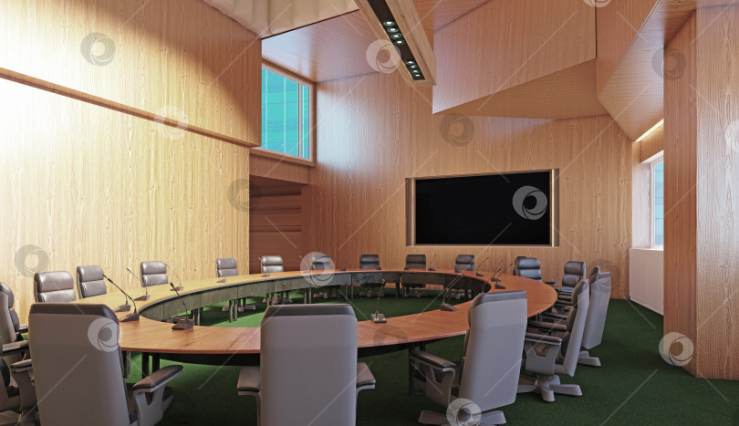 Скачать 3D-рендеринг современного конференц-зала. Пустой зал заседаний с деревянными стенами и изогнутым столом фотосток Ozero