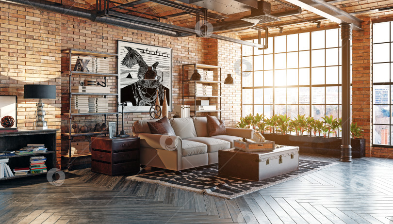 Скачать Залитый солнцем интерьер квартиры в стиле индустриального лофта с открытыми кирпичными стенами. 3d-рендеринг фотосток Ozero