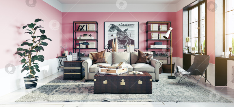 Скачать 3d-рендеринг современной эклектичной гостиной с розовыми стенами. Стильная концепция дизайна домашнего интерьера фотосток Ozero