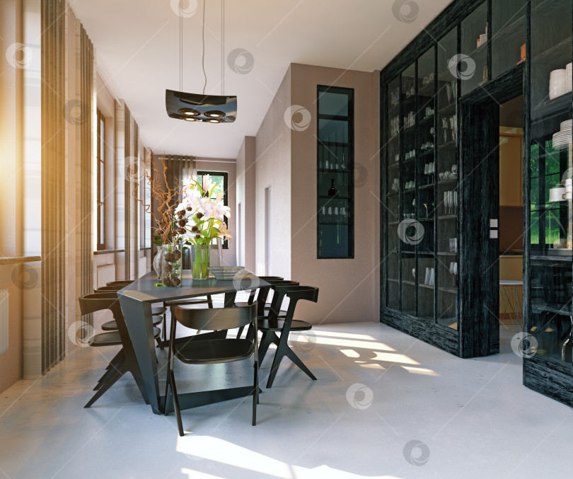 Скачать Современный интерьер столовой с черной мебелью и стеклянным шкафом. 3d-рендеринг роскошного дома фотосток Ozero