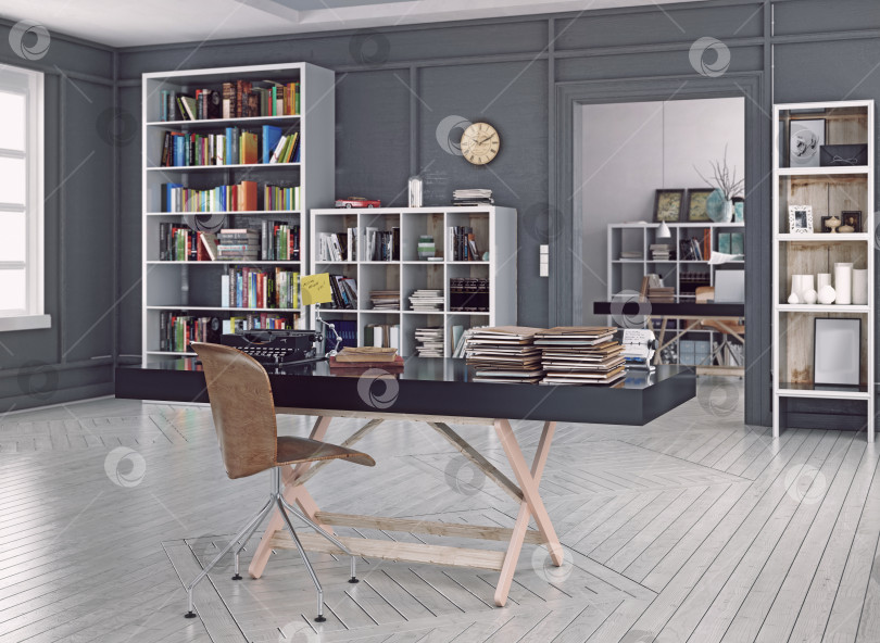 Скачать Современный интерьер домашнего офиса с винтажной пишущей машинкой на столе. 3d-рендеринг фотосток Ozero