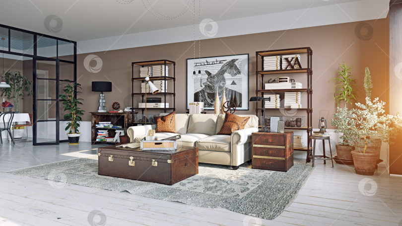 Скачать Стильный интерьер гостиной в индустриальном и винтажном стиле. 3d-рендеринг современной квартиры фотосток Ozero