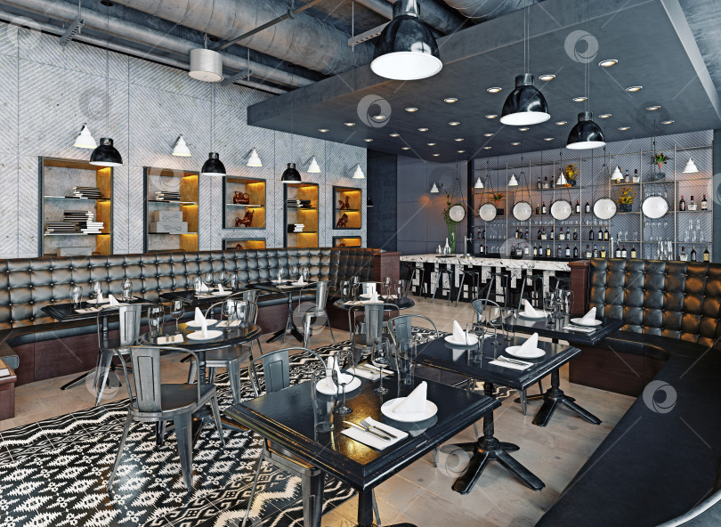 Скачать Интерьер ресторана и бара в стиле индустриального лофта. Современный дизайн столовой в 3d-визуализации фотосток Ozero