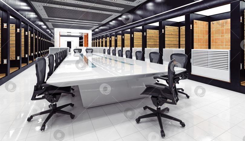 Скачать Современный конференц-зал с длинным белым столом и черными стульями. 3d-визуализация корпоративного интерьера фотосток Ozero