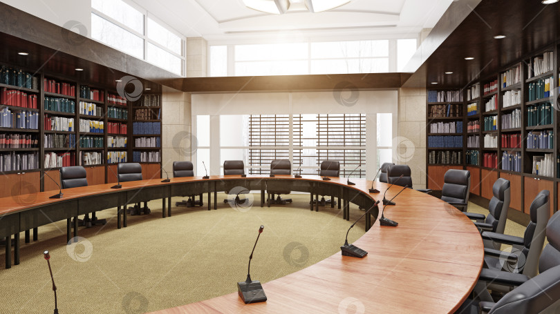 Скачать 3d-рендеринг пустого корпоративного конференц-зала. Современный интерьер зала заседаний с книжными полками фотосток Ozero